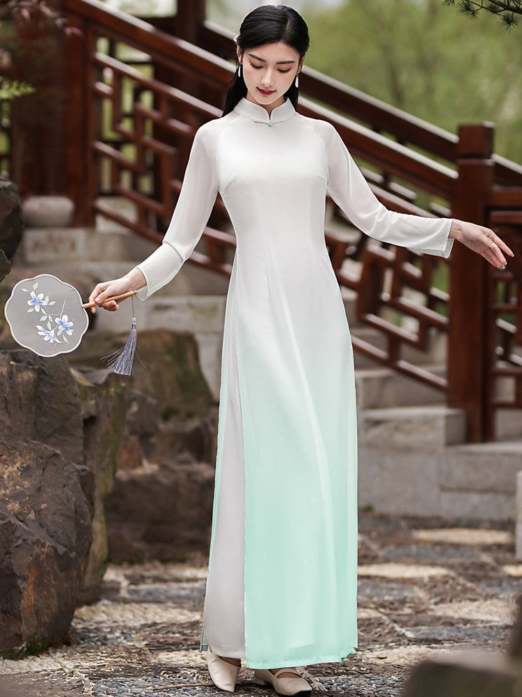 Gradient Chiffon Tea Dress Long Cheongsam Style